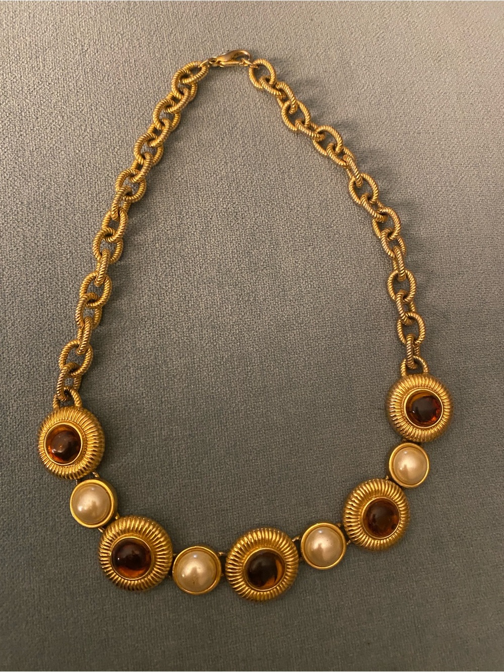 Vintage Gold Tone Chunky Chain Statement Necklace Pearl Amber Plymouth Boutique